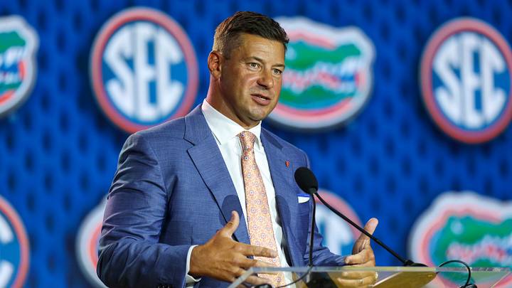Jul 22, 2026; Tampa, FL, USA; Florida Gators head coach Jon Sumrall speaks to the press during SEC Football Kickoff Media Day at the Tampa Marriott. Mandatory Credit: Nathan Ray Seebeck-Imagn Images