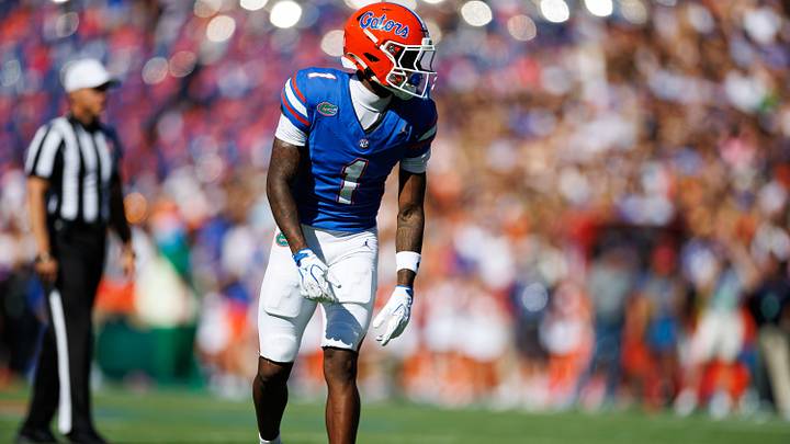 Sep 26, 2026; Gainesville, Florida, USA; Florida Gators wide receiver Vernell Brown III (1) waits at the line of scrimmage against the Mississippi Rebels during the first half at Ben Hill Griffin Stadium. Mandatory Credit: Matt Pendleton-Imagn Images