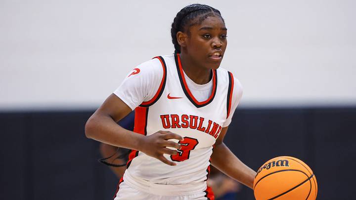 Ursuline Academy Jezelle Banks (3) dribbles the ball down the court during a regular season basketball game between No. 3 Sanford and No. 1 Ursuline on Feb. 13, 2025, at Ursuline gym in Wilmington.