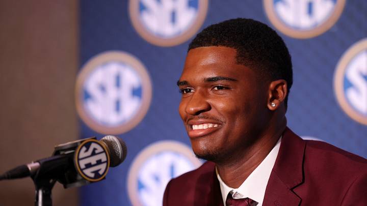 Jul 22, 2026; Tampa, FL, USA; Texas A&M Aggies quarterback Marcel Reed (10) speaks to the press during SEC Football Kickoff Media Day at the Tampa Marriott. Mandatory Credit: Nathan Ray Seebeck-Imagn Images
