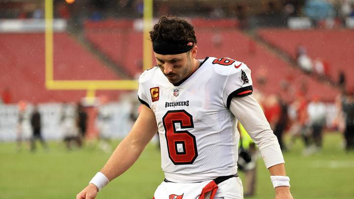 Sep 20, 2026; Tampa, Florida, USA;  Tampa Bay Buccaneers quarterback Baker Mayfield (6) walks off the field as they lost to the Cleveland Browns at Raymond James Stadium.  Mandatory Credit: Kim Klement Neitzel-Imagn Images