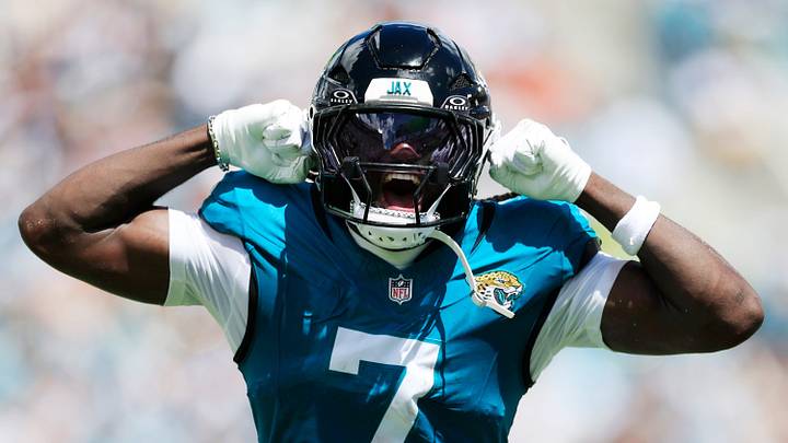 Jacksonville Jaguars wide receiver Brian Thomas Jr. (7) reacts to his reception during the first quarter of an NFL football matchup at EverBank Stadium on Sunday, Sept. 13, 2026, in Jacksonville, Fla. The Jaguars defeated the Browns 34-10. 