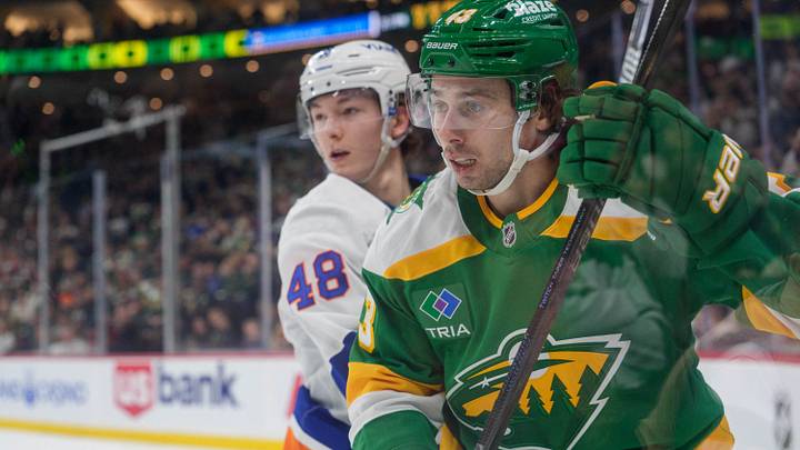 Jan 10, 2026; Saint Paul, Minnesota, USA; Minnesota Wild defenseman Quinn Hughes (43) skates by the check of New York Islanders defenseman Matthew Schaefer (48) in the second period at Grand Casino Arena. Mandatory Credit: Matt Blewett-Imagn Images Jan 10, 2026; Saint Paul, Minnesota, USA; Minnesota Wild defenseman Quinn Hughes (43) skates by the check of New York Islanders defenseman Matthew Schaefer (48) in the second period at Grand Casino Arena. Mandatory Credit: Matt Blewett-Imagn Images