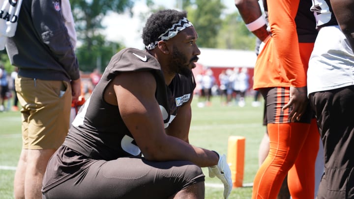 Browns defensive end Myles Garrett looks on during day 1 of the team's mandatory minicamp