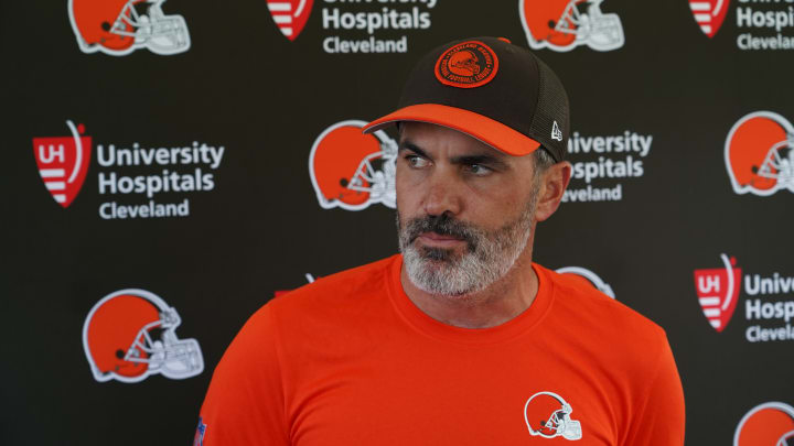 Browns head coach Kevin Stefanski speaks before day two of training camp practice from the Greenbrier in West Virginia 