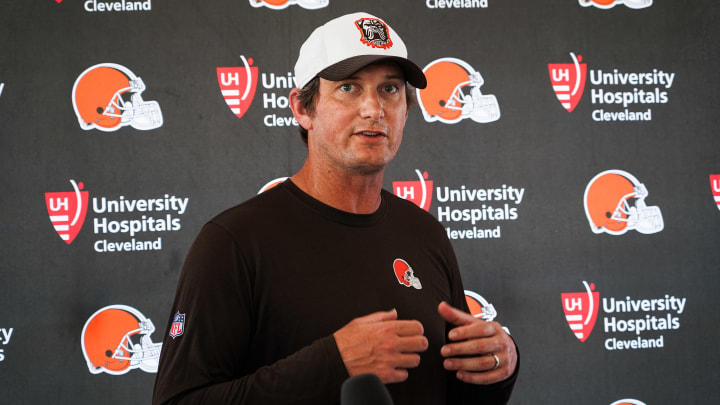 Ken Dorsey meets with the media during Browns training camp at the team facility in Berea, OH