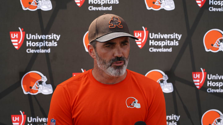 Browns head coach Kevin Stefanski meets with the media following the team's first joint practice with the Vikings