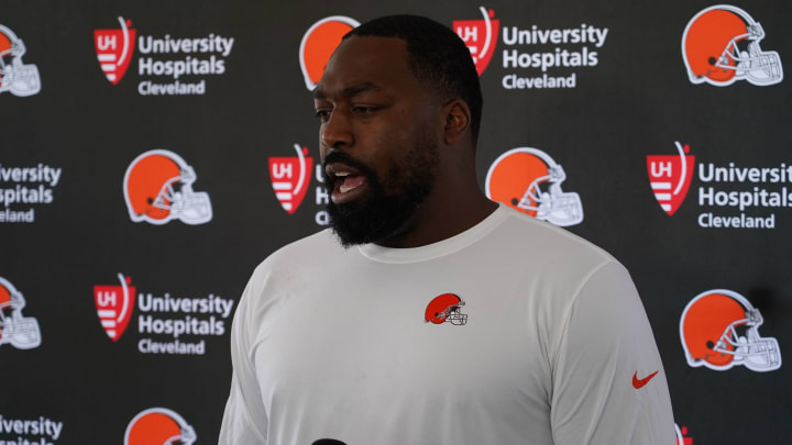 Browns DT Shelby Harris meets with the media on the final day of training camp in Berea, OH