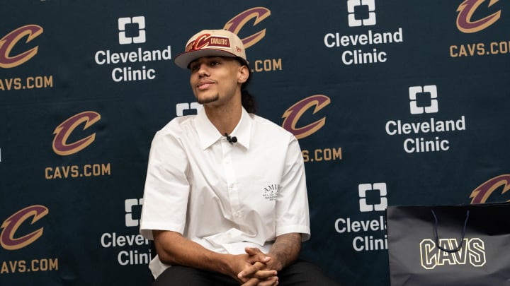 Cavaliers rookie Jaylon Tyson fields questions at his introductory press conference on July 27, 2024