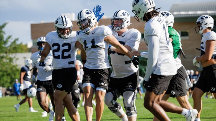 BYU WR Parker Kingston celebrates a touchdown catch