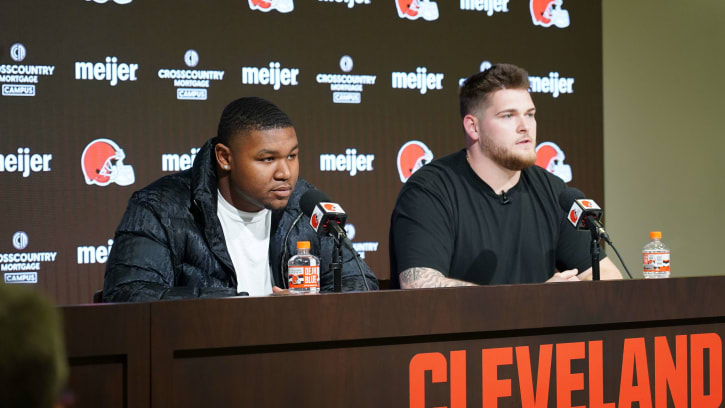 Browns draftees Michael Hall Jr. and Zak Zinter are introduced to Cleveland fans and media for the first time. 