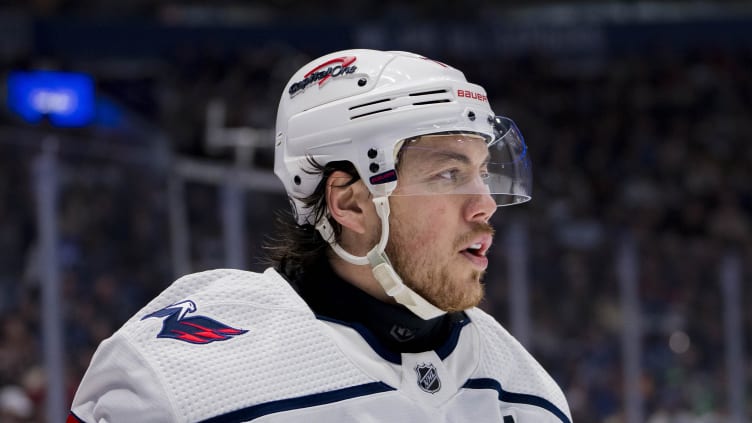 Mar 16, 2024; Vancouver, British Columbia, CAN; Washington Capitals forward TJ Oshie (77) during a stop in play against the Vancouver Canucks in the second period at Rogers Arena. Mandatory Credit: Bob Frid-USA TODAY Sports