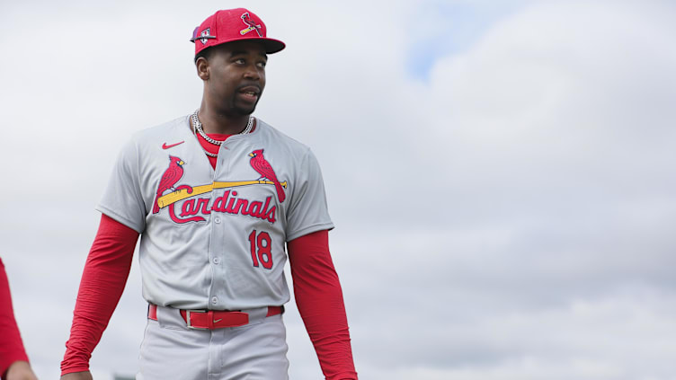 Feb 19, 2024; Jupiter, FL, USA; St. Louis Cardinals right fielder Jordan Walker (18) looks on during