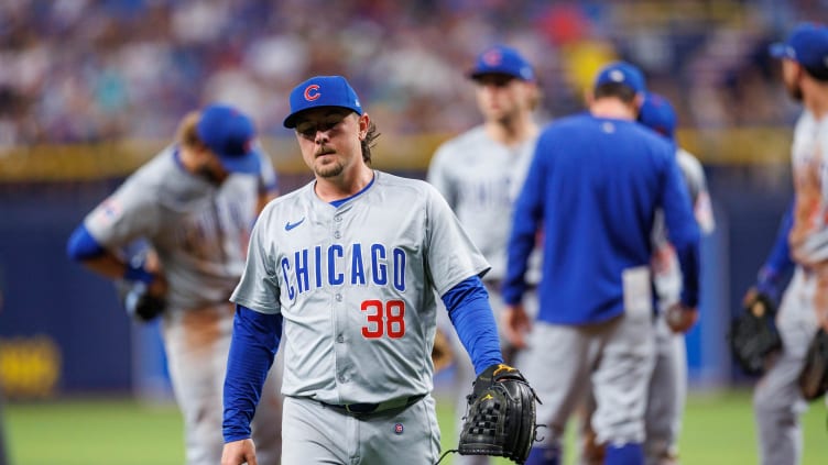 Jun 13, 2024; St. Petersburg, Florida, USA;  Chicago Cubs pitcher Mark Leiter Jr. (38) leaves the game against the Tampa Bay Rays in the seventh inning at Tropicana Field. Mandatory Credit: Nathan Ray Seebeck-USA TODAY Sports