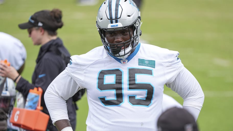 Jun 4, 2024; Charlotte, NC, USA; Carolina Panthers defensive tackle Derek Brown (95) during OTAs. Mandatory Credit: Jim Dedmon-USA TODAY Sports | Jim Dedmon-USA TODAY Sports