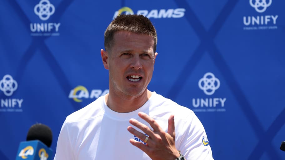 Jul 31, 2024; Los Angeles, CA, USA;  Los Angeles Rams offensive coordinator Mike LaFleur speaks to the media after training camp at Loyola Marymount University. Mandatory Credit: Kiyoshi Mio-USA TODAY Sports | Kiyoshi Mio-USA TODAY Sports