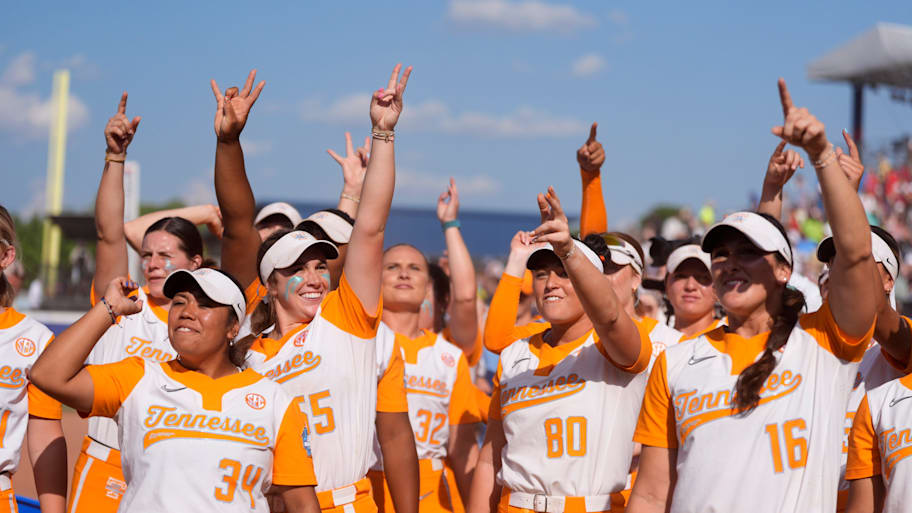 Tennessee celebrates after its Women's College World Series win over UCLA Sunday. | SARAH PHIPPS/THE OKLAHOMAN / USA TODAY NETWORK via Imagn Images