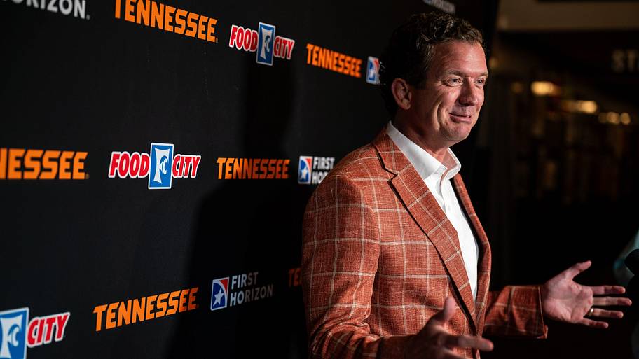 Tennessee athletic director Danny White speaks to reporters before the annual Big Orange Caravan event.