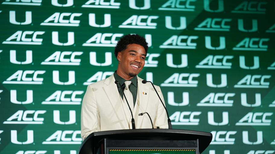 Miami quarterback Darian Mensah speaks to the media during ACC media days.