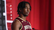 Oct 10, 2024; Charlotte, NC, USA;  Boston College player Donald Hand Jr. answers questions from the media at The Hilton Charlotte Uptown. Mandatory Credit: Jim Dedmon-Imagn Images