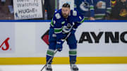Nov 12, 2024; Vancouver, British Columbia, CAN; Vancouver Canucks defenseman Filip Hronek (17) warms up prior to a game against the Calgary Flames at Rogers Arena. Mandatory Credit: Bob Frid-Imagn Images