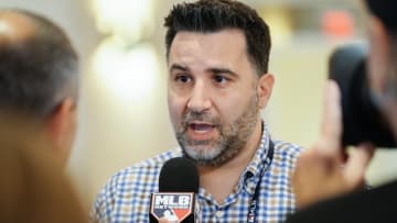 Nov 9, 2022; Las Vegas, NV, USA; Atlanta Braves general manager Alex Anthopoulos answers questions from the media during the MLB GM Meetings at The Conrad Las Vegas. Mandatory Credit: Lucas Peltier-USA TODAY Sports