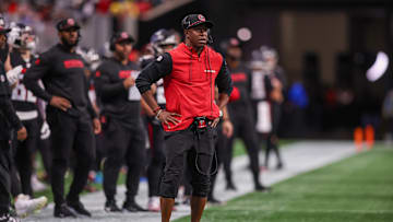 Dec 1, 2024; Atlanta, Georgia, USA; Atlanta Falcons head coach Raheem Morris on the sideline against the Los Angeles Chargers in the first quarter at Mercedes-Benz Stadium. Mandatory Credit: Brett Davis-Imagn Images
