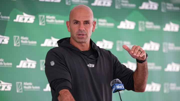 New York Jets head coach Robert Saleh talks with media during training camp at Atlantic Health Jets Training Center. 