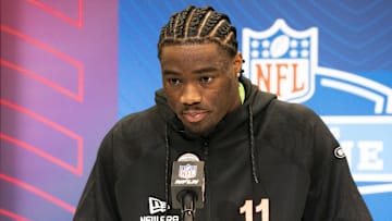 Feb 28, 2025; Indianapolis, IN, USA; Alabama quarterback Jalen Milroe (QB11) talks to the press during the 2025 NFL Combine at Indiana Convention Center. Mandatory Credit: Stephanie Amador Blondet-Imagn Images