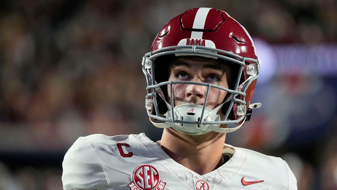 Nov 29, 2025; Auburn, Alabama, USA; Alabama quarterback Ty Simpson (15) warms up before the 2025 Iron Bowl game with Auburn Jordan-Hare Stadium. Mandatory Credit: Gary Cosby Jr.-Tuscaloosa News