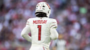 Dec 15, 2024; Glendale, Arizona, USA; Detailed view of the jersey of Arizona Cardinals quarterback Kyler Murray (1) against the New England Patriots at State Farm Stadium. Mandatory Credit: Mark J. Rebilas-Imagn Images