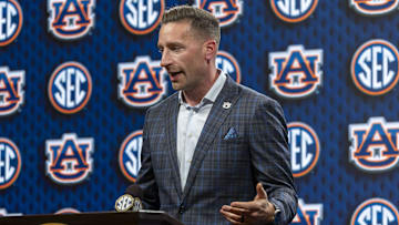 Oct 15, 2025; Birmingham, AL, USA; Auburn Tigers head coach Steven Pearl talks with the media during SEC Media Days at Grand Bohemian Hotel. 