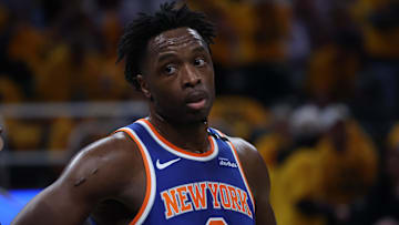 May 27, 2025; Indianapolis, Indiana, USA; New York Knicks forward OG Anunoby (8) stands on court during the second quarter against the Indiana Pacers of game four of the eastern conference finals for the 2025 NBA Playoffs at Gainbridge Fieldhouse. Mandatory Credit: Trevor Ruszkowski-Imagn Images
