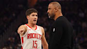 Nov 26, 2025; San Francisco, California, USA;  Houston Rockets guard Reed Sheppard (15) talks with Houston Rockets head coach Ime Udoka in the first quarter at Chase Center. Mandatory Credit: David Gonzales-Imagn Images