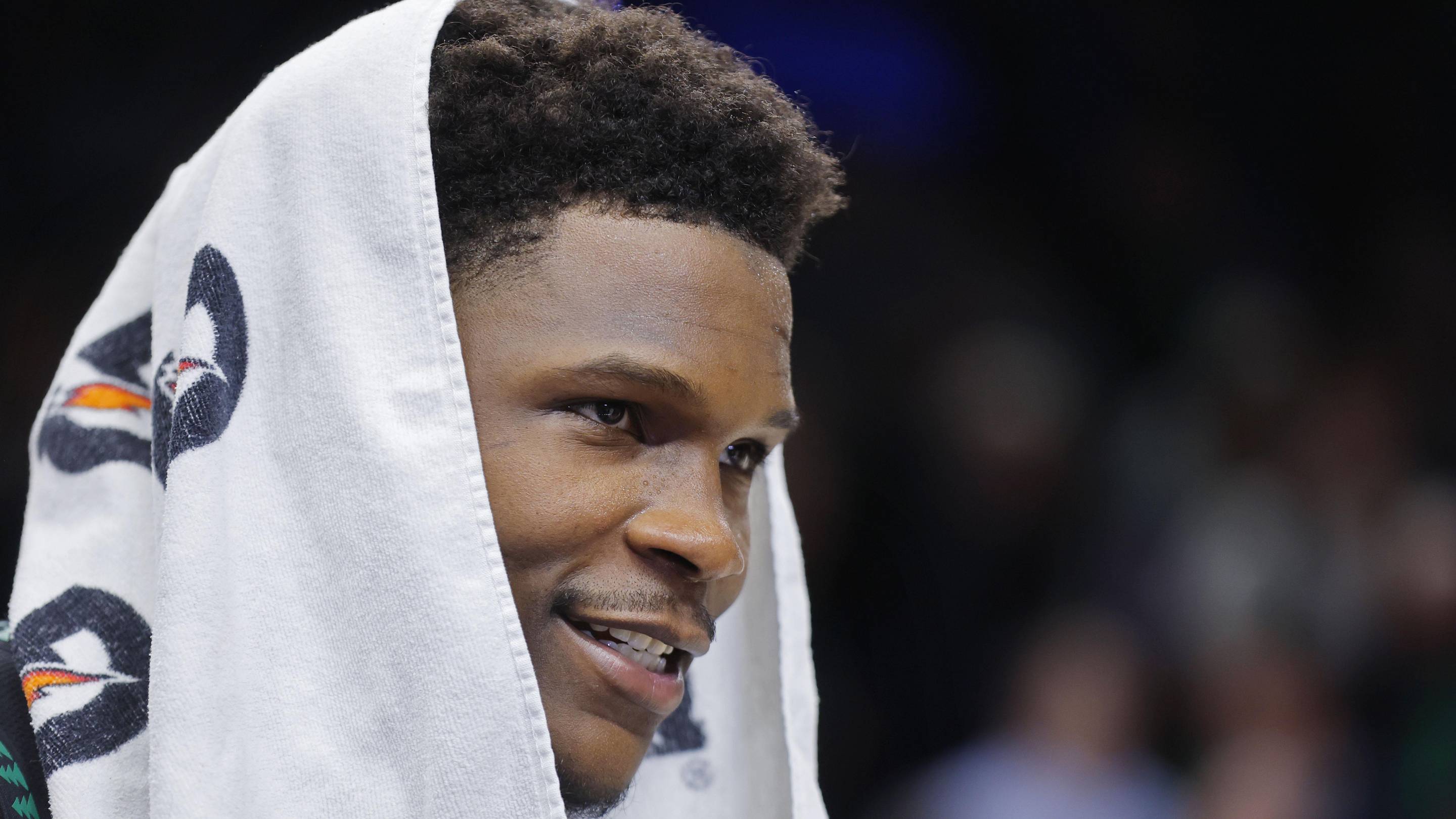 May 10, 2026; Minneapolis, Minnesota, USA; Minnesota Timberwolves guard Anthony Edwards (5) speaks to a reporter after game four of the second round of the 2026 NBA Playoffs with the San Antonio Spurs at Target Center.