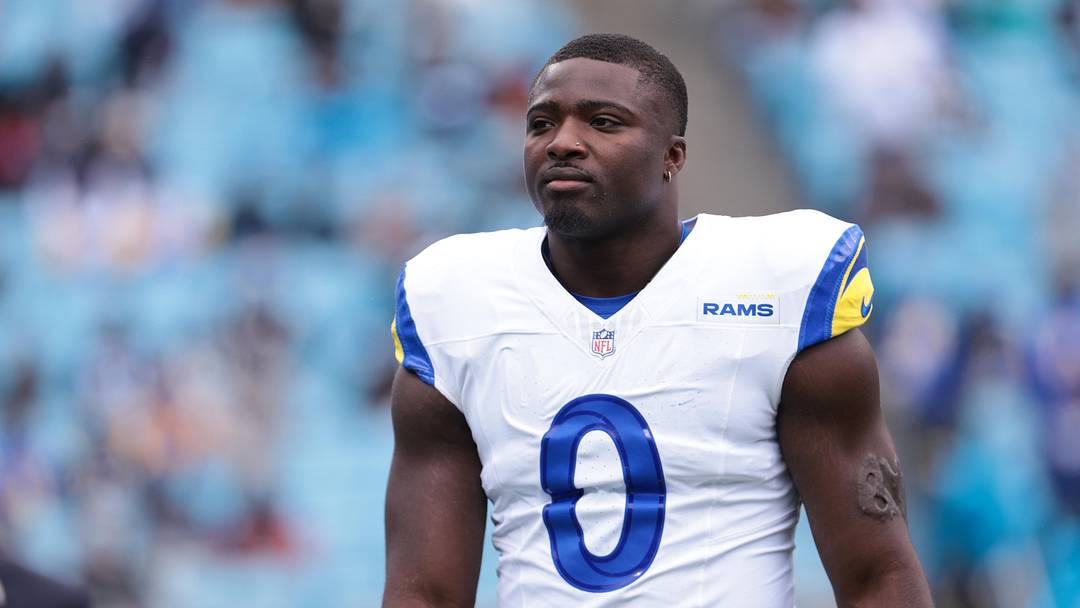 Nov 30, 2025; Charlotte, North Carolina, USA; Los Angeles Rams linebacker Byron Young (0) looks on before the game against the Carolina Panthers at Bank of America Stadium. Mandatory Credit: Scott Kinser-Imagn Images