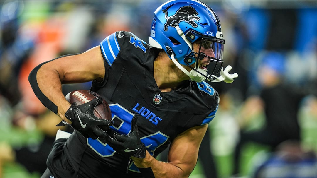 Detroit Lions tight end Shane Zylstra (84) catches a pass during warmups at Ford Field in Detroit on Sunday, Dec. 15, 2024.