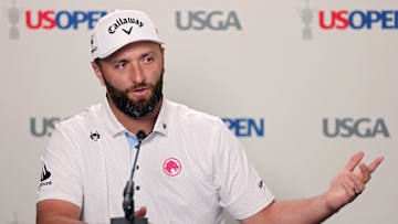 Jon Rahm speaks at a press conference ahead of the 2025 U.S. Open at Oakmont Country Club