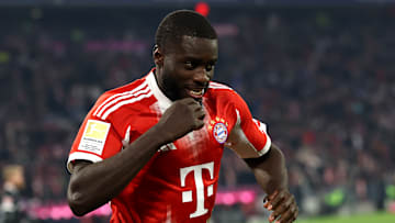 Dayot Upamecano celebrating after scoring for Bayern Munich against Freiburg.