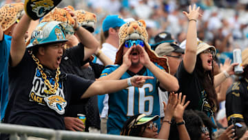 Jacksonville Jaguars super fan Doug Speed reacts to Jacksonville Jaguars wide receiver Brian Thomas Jr. (7) catch during the third quarter of an NFL football matchup Sunday, Sept. 15, 2024 at EverBank Stadium in Jacksonville, Fla. The Browns defeated the Jaguars 18-13.