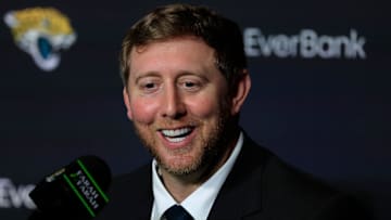 Liam Coen answers media questions after speaking and being introduced as the new Jacksonville Jaguars head coach during a press conference Monday, Jan. 27, 2025 at the Miller Electric Center in Jacksonville, Fla. [Corey Perrine/Florida Times-Union]