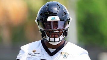 Jacksonville Jaguars defensive end Travon Walker (44) looks on during the first organized team activity at Miller Electric Center Monday, May 19, 2025 in Jacksonville, Fla.