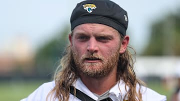 Jul 23, 2025; Jacksonville, FL, USA; Jacksonville Jaguars safety Andrew Wingard (42) looks on after training camp at Miller Electric Center. Mandatory Credit: Nathan Ray Seebeck-Imagn Images