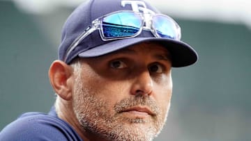 Sep 25, 2025; Baltimore, Maryland, USA; Tampa Bay Rays manager Kevin Cash (16) watches the game in the first inning against the Baltimore Orioles at Oriole Park at Camden Yards. 