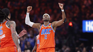 Nov 26, 2025; Oklahoma City, Oklahoma, USA; Oklahoma City Thunder guard Shai Gilgeous-Alexander (2) celebrates after scoring against the Minnesota Timberwolves during the second half at Paycom Center. Mandatory Credit: Alonzo Adams-Imagn Images