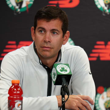 Oct 2, 2023; Boston, Celtics, USA; Boston Celtics president of basketball operations Brad Stevens talks during Boston Celtics Media Day. Mandatory Credit: David Butler II-USA TODAY Sports