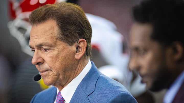 Sep 28, 2024; Tuscaloosa, Alabama, USA; Former Alabama Crimson Tide head coach Nick Saban on the set of ESPN’s College Game Day before a game between the Crimson Tide and Georgia Bulldogs at Bryant-Denny Stadium. Mandatory Credit: Will McLelland-Imagn Images