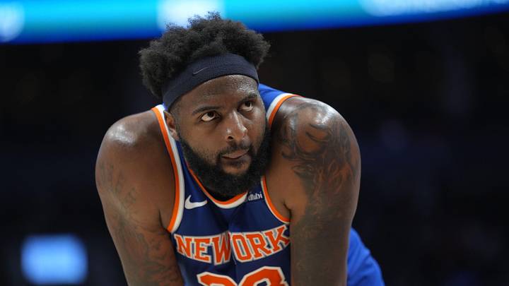 Mar 3, 2026; Toronto, Ontario, CAN; New York Knicks center Mitchell Robinson (23) during a break in the action against the Toronto Raptors during the second half at Scotiabank Arena. Mandatory Credit: John E. Sokolowski-Imagn Images