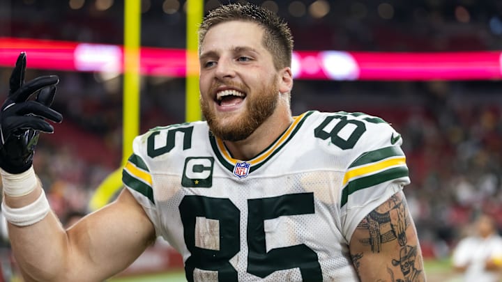 Oct 19, 2025; Glendale, Arizona, USA; Green Bay Packers tight end Tucker Kraft (85) against the Arizona Cardinals at State Farm Stadium. Mandatory Credit: Mark J. Rebilas-Imagn Images