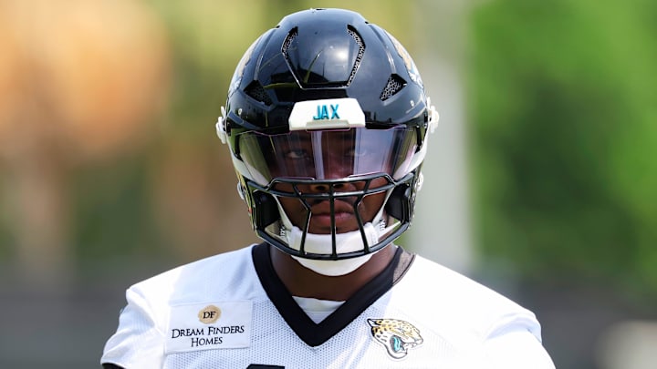 Jacksonville Jaguars defensive end Travon Walker (44) looks on during the first organized team activity at Miller Electric Center Monday, May 19, 2025 in Jacksonville, Fla.